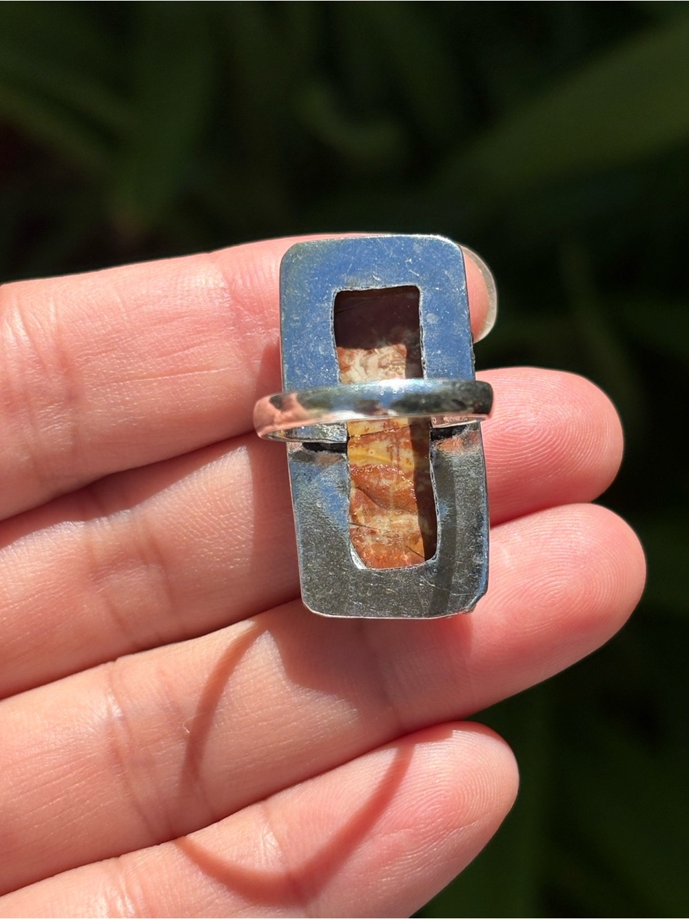 SIZE 7 Handcrafted Orange Bird Eye Jasper Rectangle Silver Ring - Picture 4 of 5